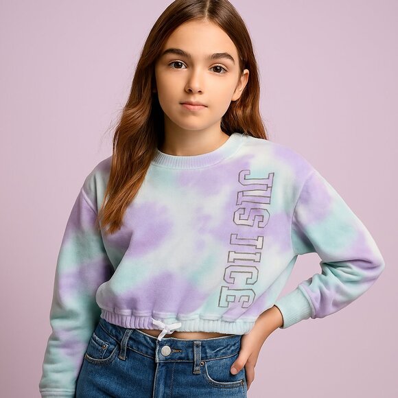 Justice Tie Dyed Sweatshirt Cropped Long Sleeve Drawstring Bottom Multicolor S - Picture 1 of 11